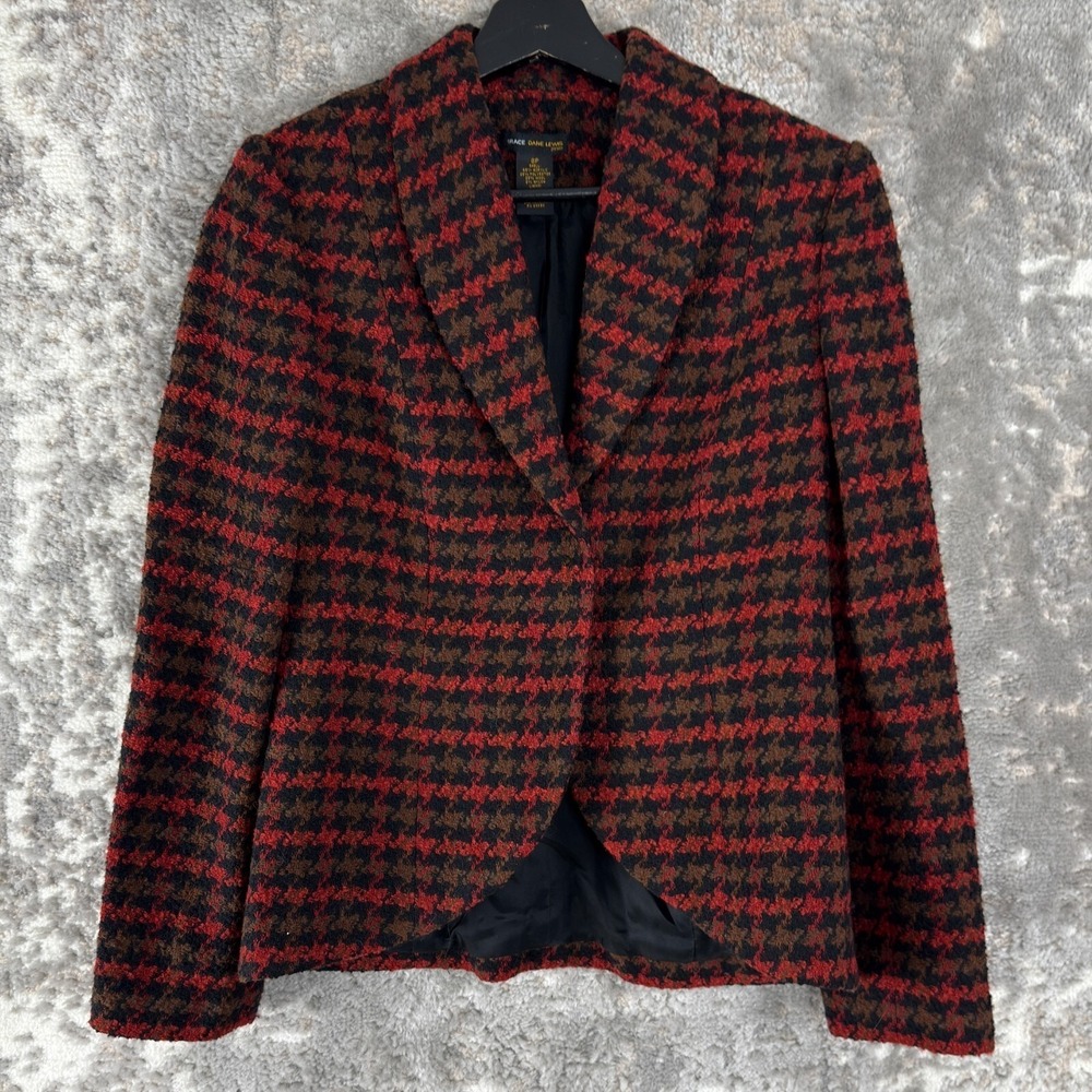 Grace Dane Lewis Petite Size 8P Wool Shawl Collar Houndstooth Snap Button Blazer